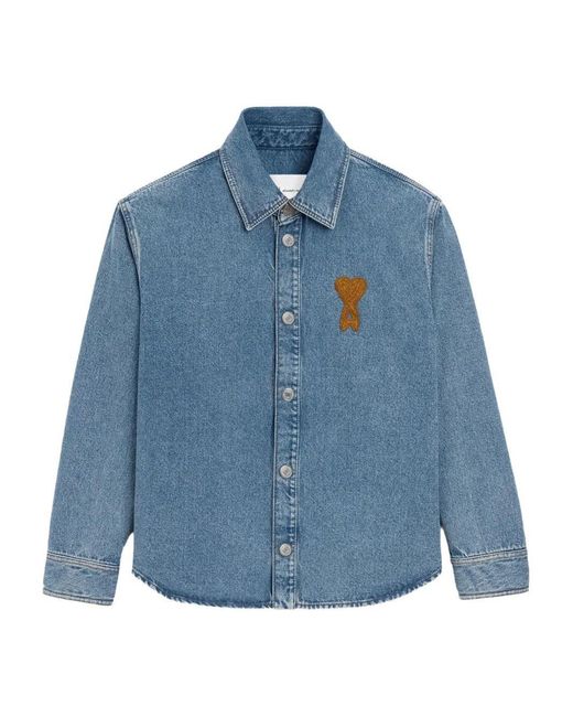 AMI Blue Bleu Used Cotton Denim Overshirt