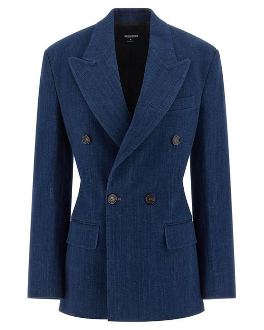 DSquared² Blue Hourglass Double-Breasted Denim Blazer With Monogram Canvas Lining
