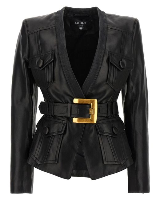 Balmain Black Leather Jacket Puffer Jackets