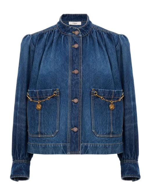 Chloé Blue Solid Mandarin Collar Jacket
