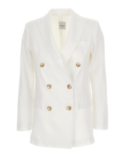 Plain White Double-Breasted Jacket Linen