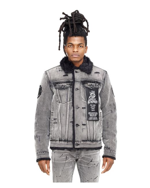 Cult Of Individuality Shearling Trim Denim Jacket in Gray for Men | Lyst