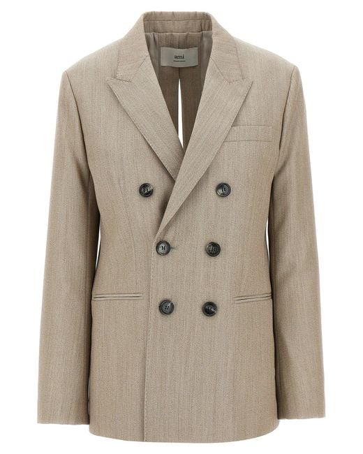 AMI Natural Maxi Split Double-Breasted Wool Blazer