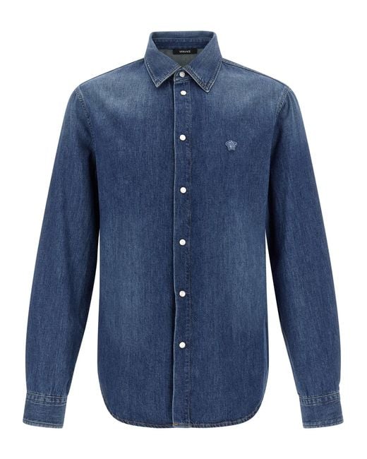 Versace Blue 'Medusa' Patch Shirt for men