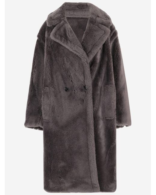Women's Gray Double-Breasted Fur-Effect Wool Coat