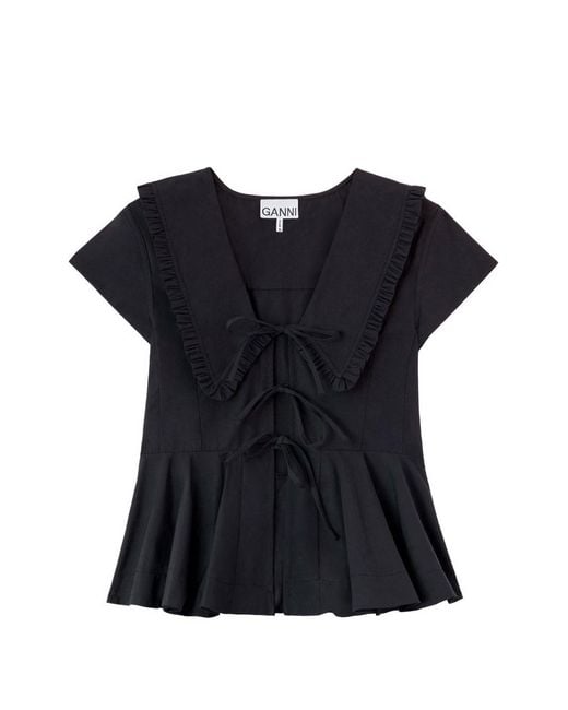 Ganni Black Solid V Neck Top