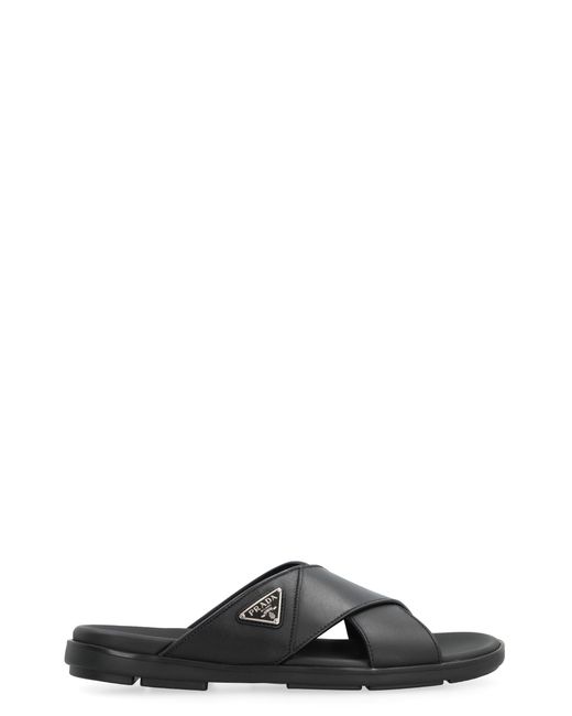Prada Black Leather Slides With Logo for men