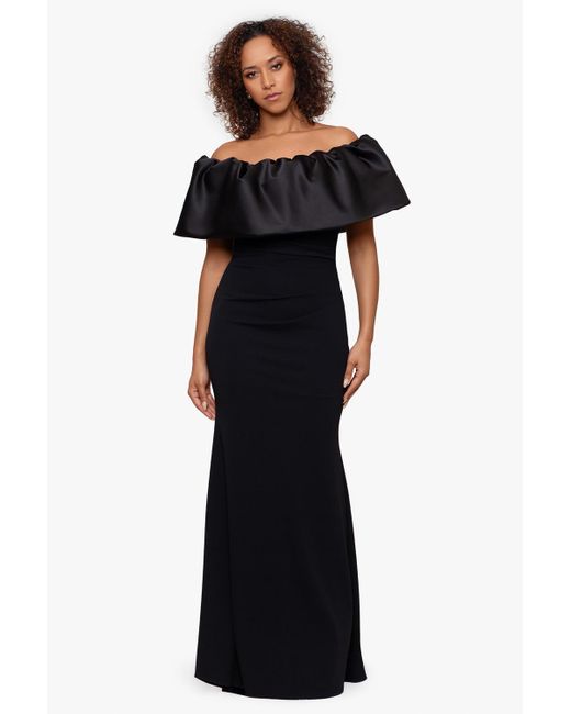 Betsy & Adam Long Off The Shoulder Lamor Scuba Crepe Gown in Black | Lyst