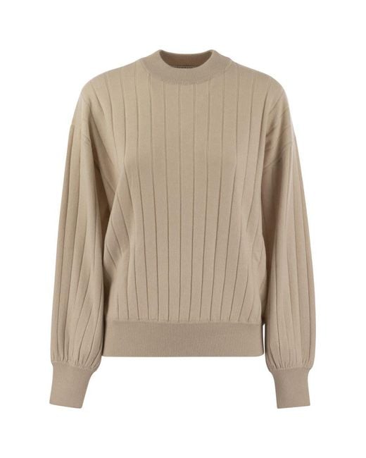 Brunello Cucinelli Natural Cashmere V-Neck Sweater With Necklace