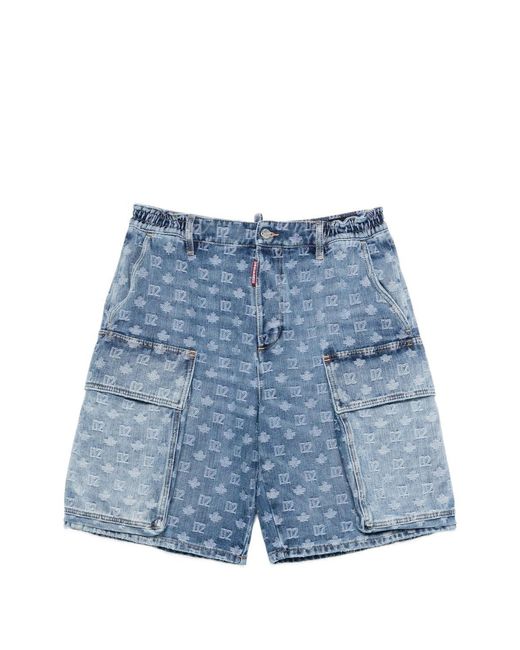 DSquared² Blue Monogram-Pattern Denim Shorts
