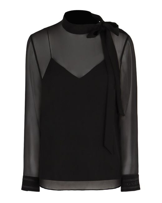 Gucci Black Silk Georgette Bow Blouse