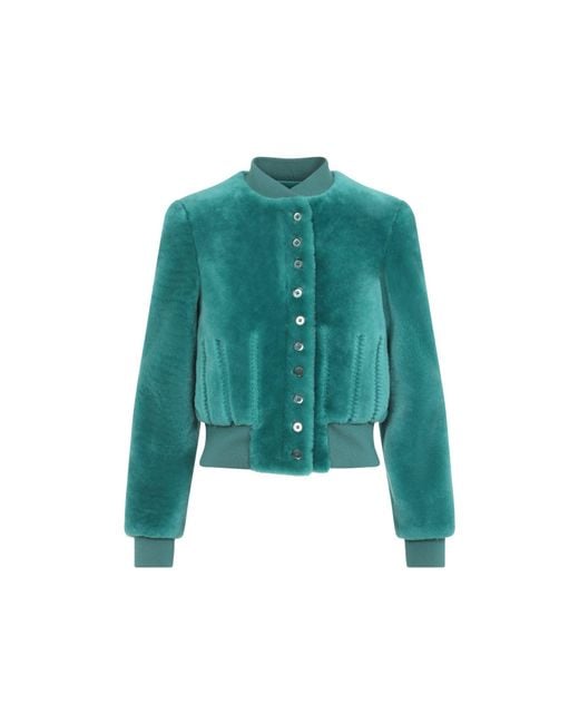 McQueen Green Cropped Shearling Bomber Jacket