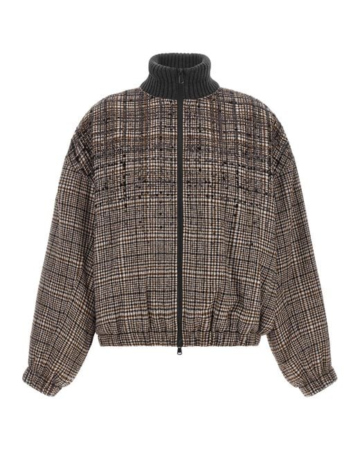 Brunello Cucinelli Brown Sequin Check Bomber Jacket