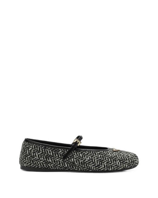Prada White Chevron-Pattern Buckle-Strap Ballet Flats