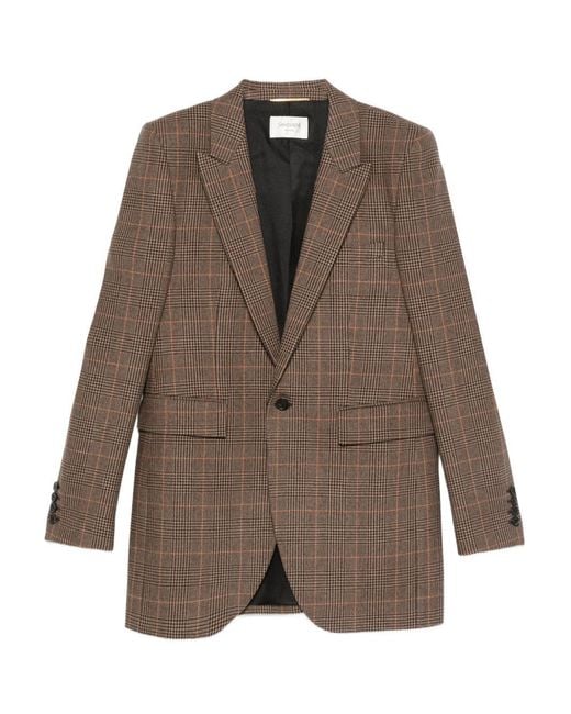Saint Laurent Brown Checked Single-Breasted Blazer