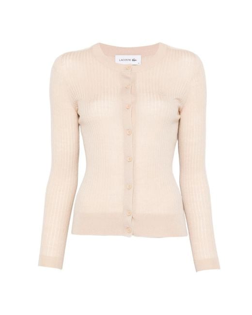 Lacoste White Ribbed Buttoned Cardigan
