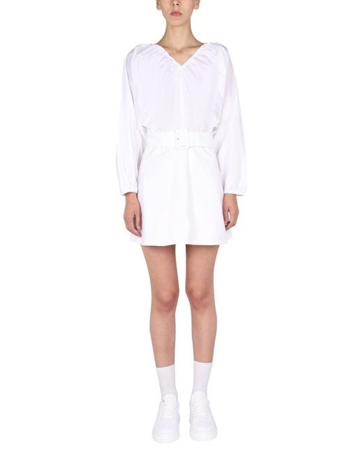 Patou White Solid V Neck Mini Dress