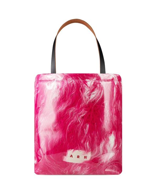 Marni Pink Logo Patch Covered Shearling Tote Bag