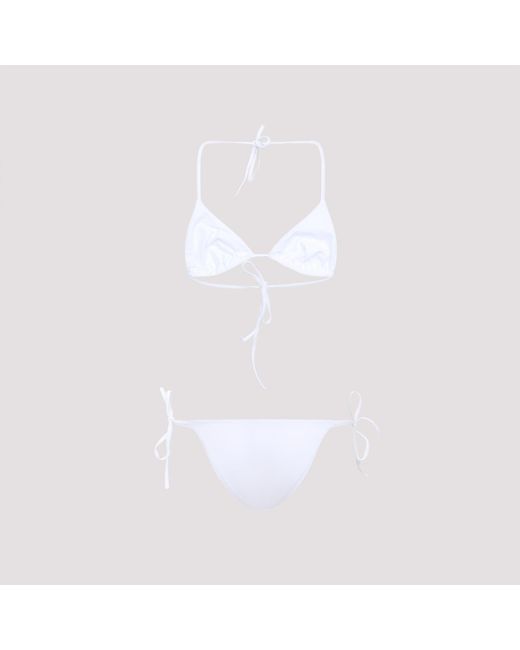 Ermanno Scervino White Bikini A Triangolo Con Stampa Animalier Zebrata E Pizzo Rebrodè