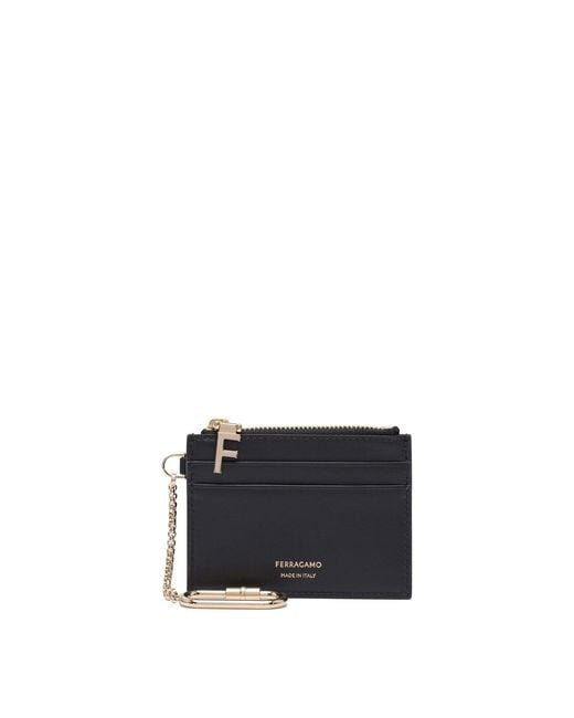 Ferragamo Black Leather Card Case With Keychain