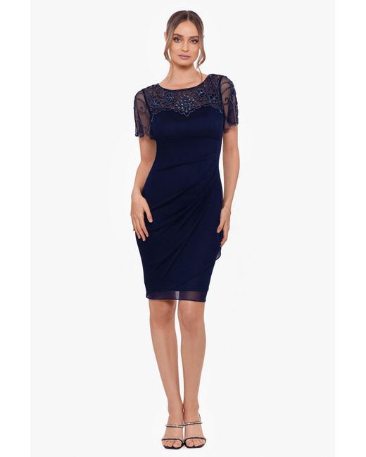 Xscape Short Sheer Beaded Dress in Blue Lyst