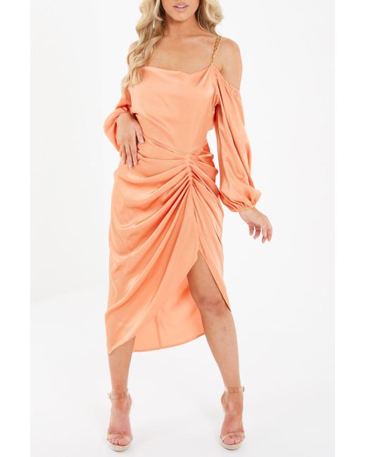 Quiz Ruched Long Sleeve Midi Dress in Orange Lyst