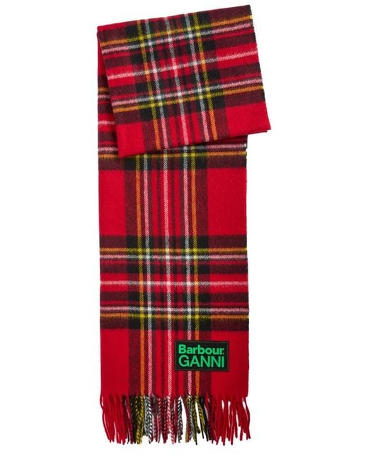 Barbour Red Check Pattern Wool Scarf