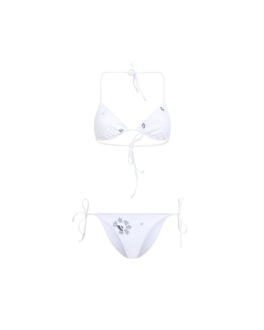 Ermanno Scervino White Bikini A Triangolo Con Stampa Animalier Zebrata E Pizzo Rebrodè