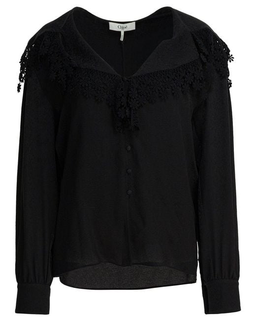 Women's Black Blouse With Lace Collar Shirts