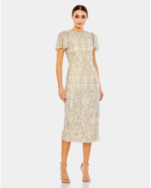 Mac Duggal Embellished Flutter Sleeve High Neck Dress in Natural Lyst