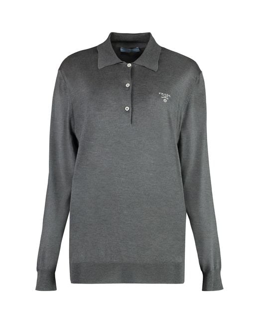 Prada Gray Long Sleeve Knit Polo Shirt