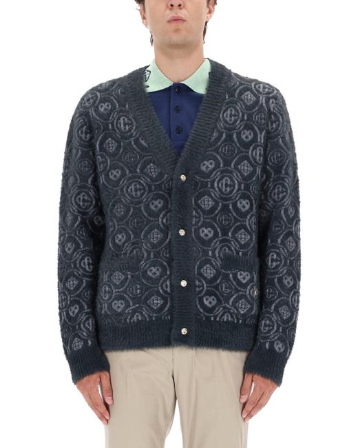 Casablanca Blue Textured Knit Cardigan With Subtle Logo Motifs for men