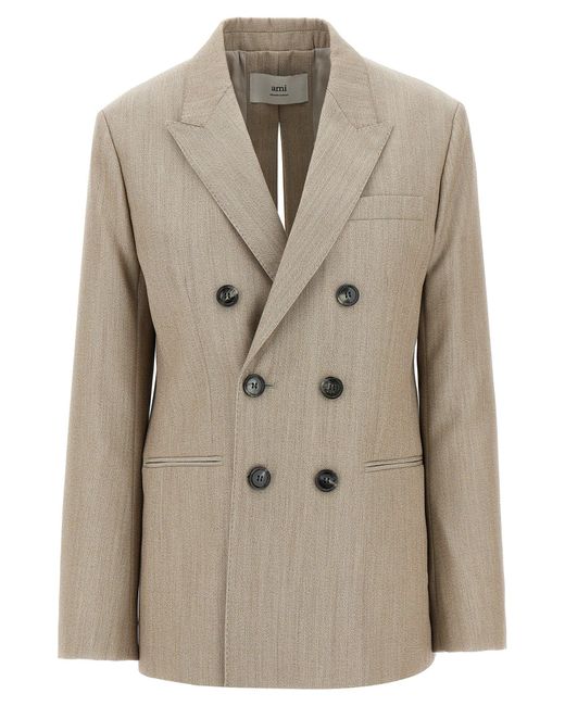 AMI Natural Maxi Split Double-Breasted Wool Blazer