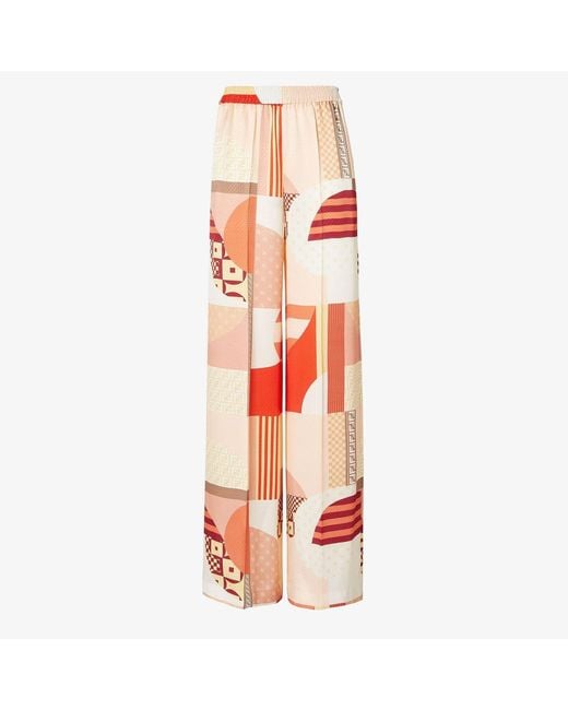 Fendi Orange Silk Trousers With Patchwork Print
