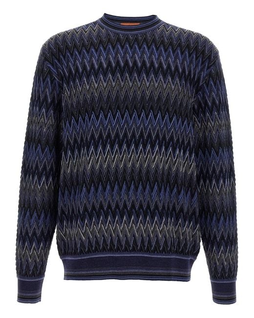 Missoni Blue Zigzag Pattern Wool Sweater With Crew Neck for men