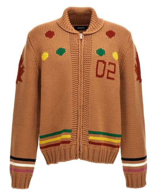DSquared² Brown Oversized Jacquard Wool Cardigan for men