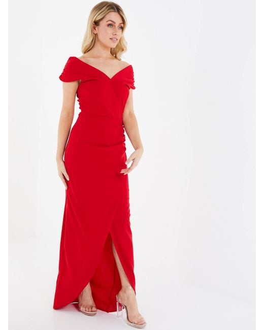 Quiz Scuba Crepe Bardot Maxi Dress in Red Lyst
