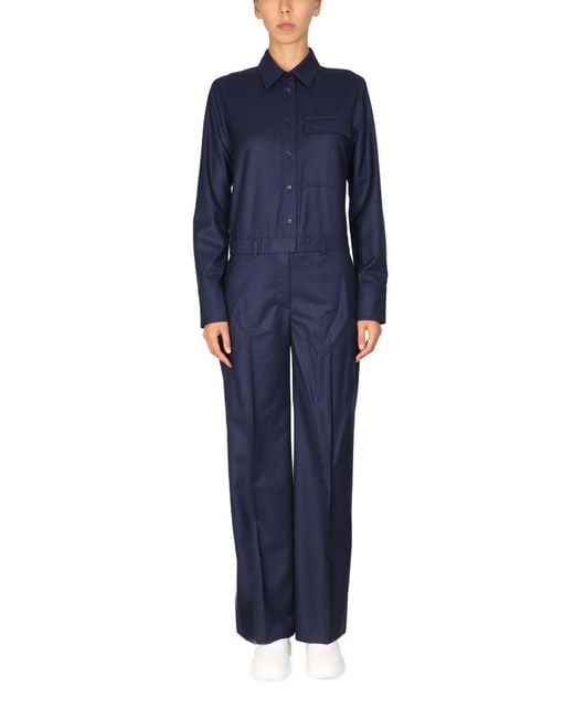 Stella McCartney Blue Solid Shirt Collar Jumpsuit