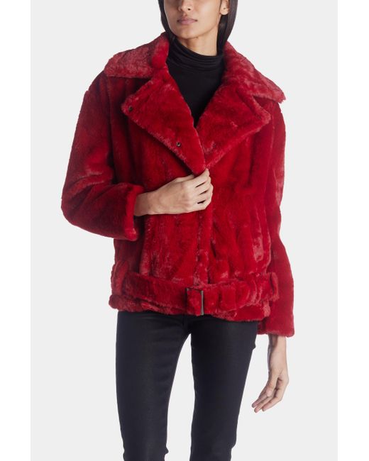 NVLT Short Pile Faux Fur Biker Jacket in Red | Lyst