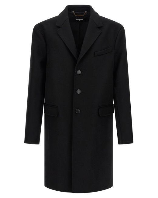 DSquared² Black Single-Breasted Midi Coat With Monogram Lining