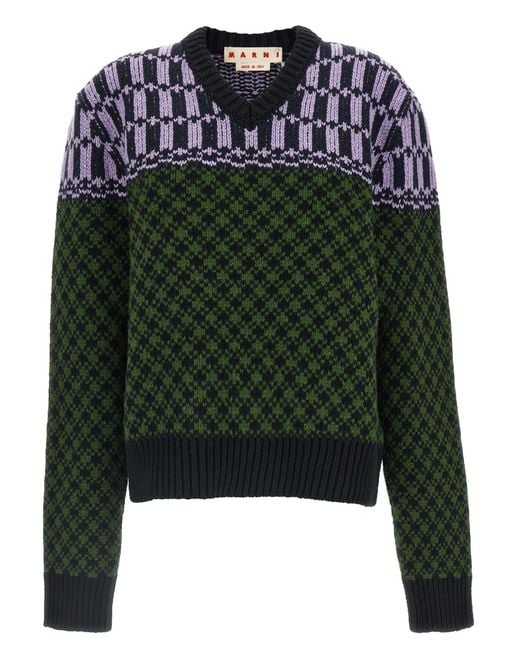 Marni Green Sweater With Geometric Pattern
