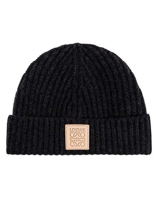 Loewe Black Ribbed Logo-Patch Beanie Hat