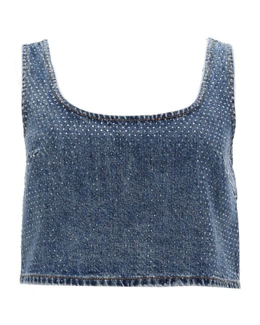 Self-Portrait Blue Denim Crop Top With Rhinestones