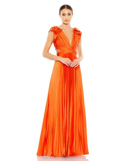 Ieena for Mac Duggal Pleated Ruffled Cap Sleeve Cut Out Lace Up Gown in ...