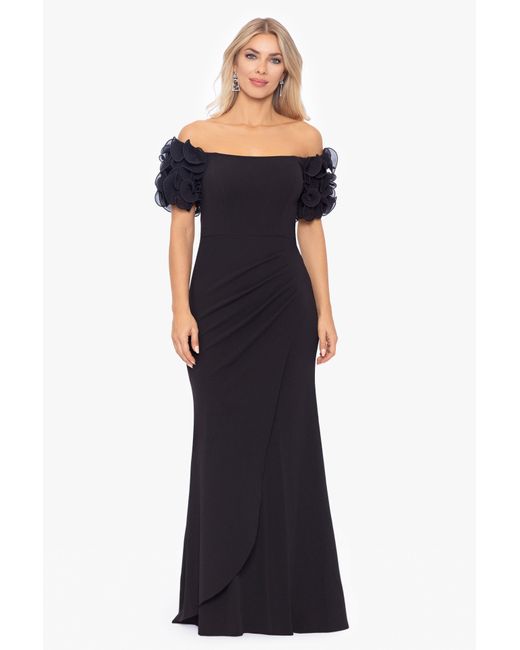 Xscape Long Scuba Off The Shoulder Flower Dress in Blue | Lyst