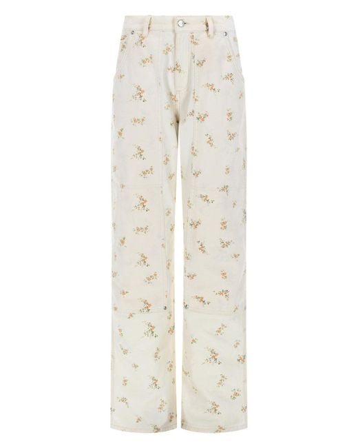 MSGM White Pantalone Con Motivo Floreale