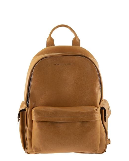 Brunello Cucinelli Brown Grained Leather Backpack With Patch Pockets for men