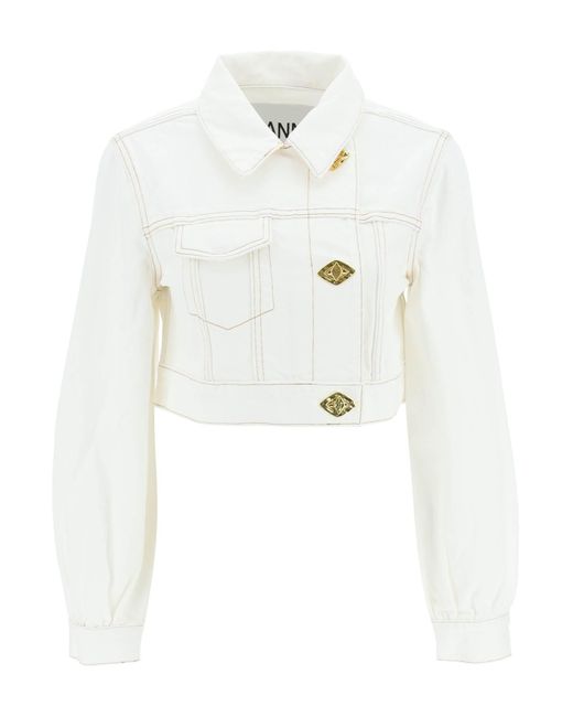 Ganni Cropped Denim Jacket in White | Lyst