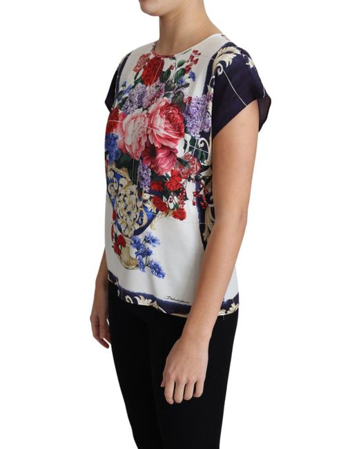 Dolce & Gabbana Multicolor Silk Flower Vase Short Sleeves Blouse Top in  White | Lyst