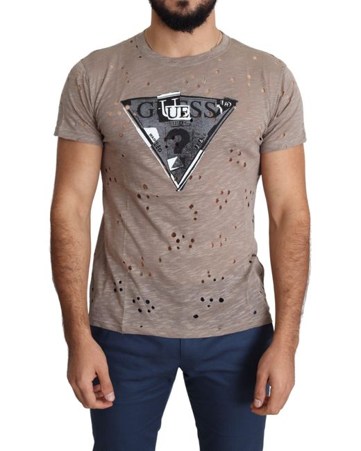 velgørenhed stemme tørst Guess Brown Cotton Stretch Logo Print Casual Perforated T-shirt in Gray for  Men | Lyst